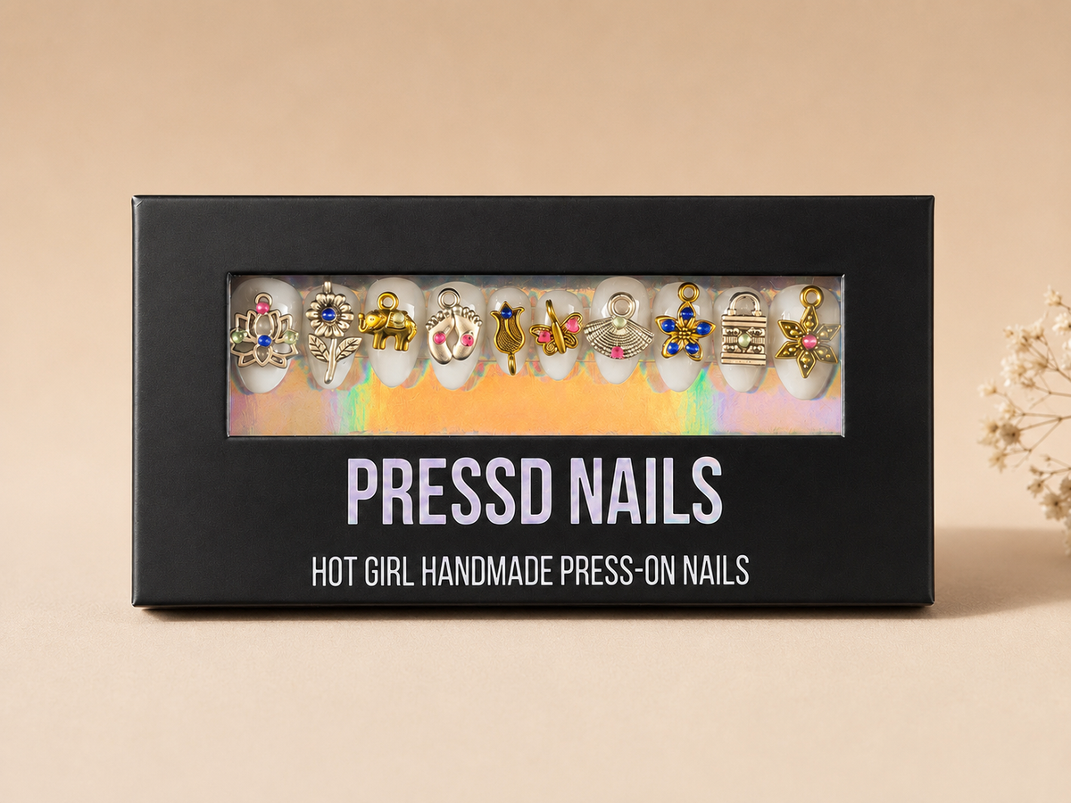 Garba Girl Pressd Nails black box with jeweled charm press-on nails