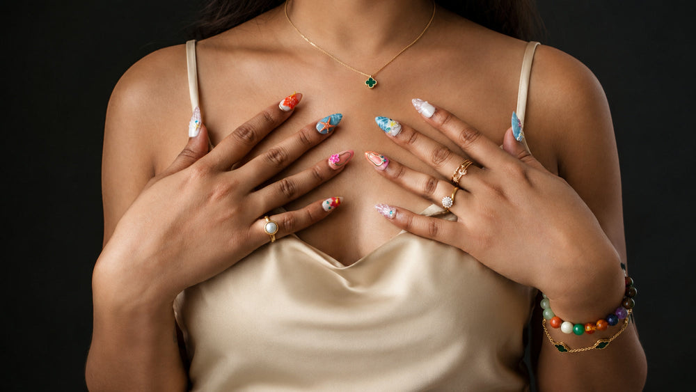 Malibu Mood colorful coastal press-on nails worn on hands