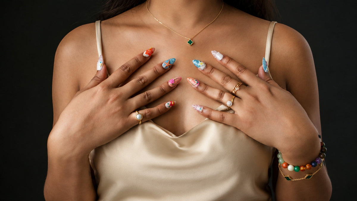 Malibu Mood colorful coastal press-on nails worn on hands