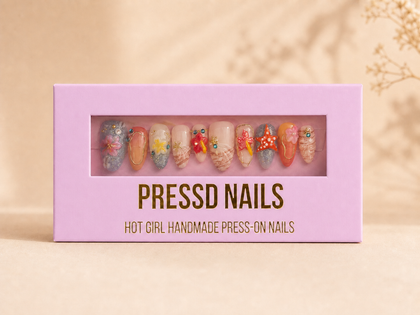Malibu Mood Pressd Nails box matched to Pantone 243 C with colorful coastal press-on nails