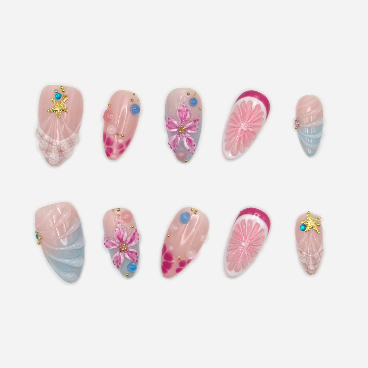 Pink Ocean ten-nail set with pink and pale blue gel art, flowers, bubbles and starfish details