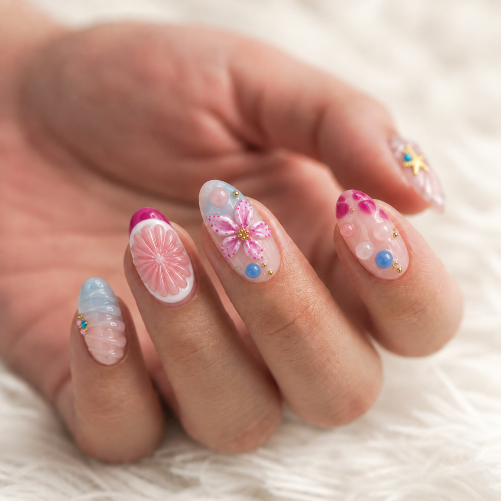 Pink Ocean hand styling image with pink and blue sculpted flowers, bubble details and starfish art