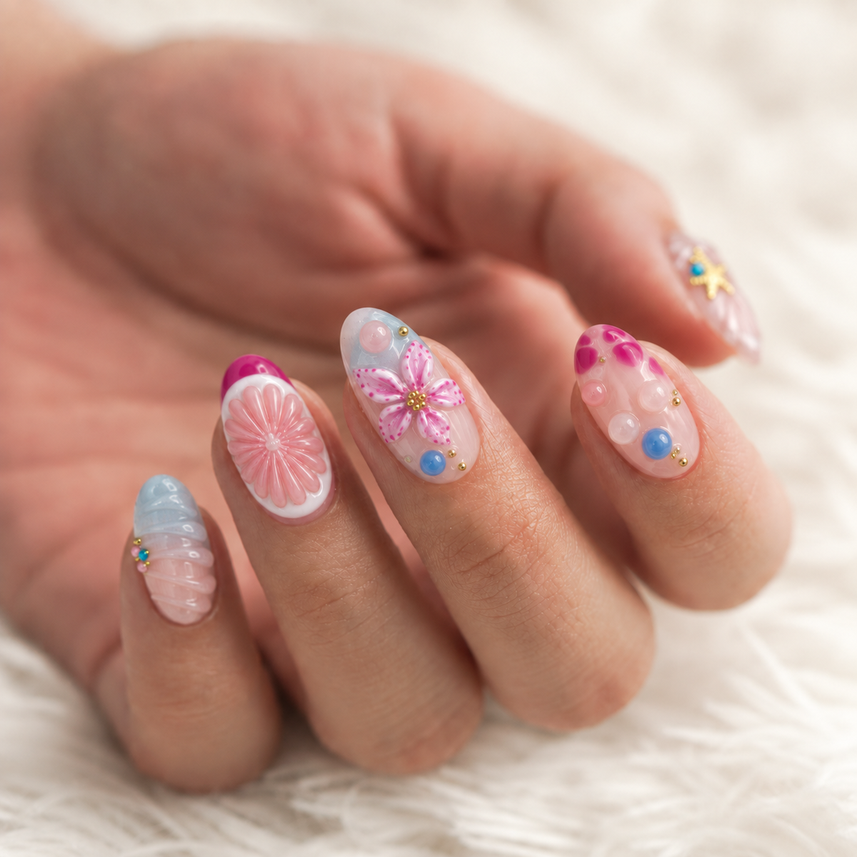 Pink Ocean hand styling image with pink and blue sculpted flowers, bubble details and starfish art