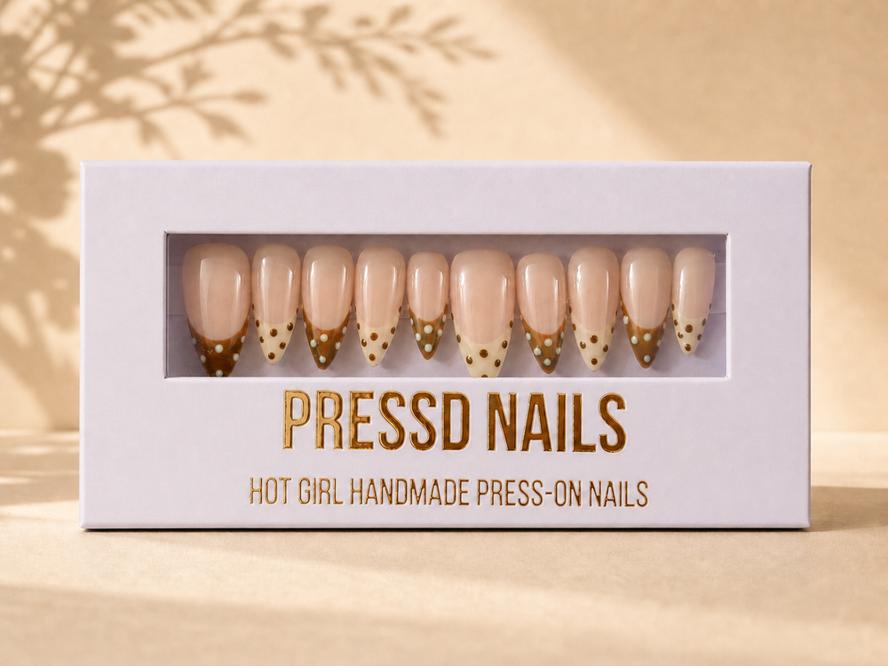 Polki Pressd Nails pale lilac box with brown and cream polka-dot French-tip press-on nails