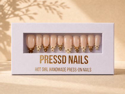 Polki Pressd Nails pale lilac box with brown and cream polka-dot French-tip press-on nails