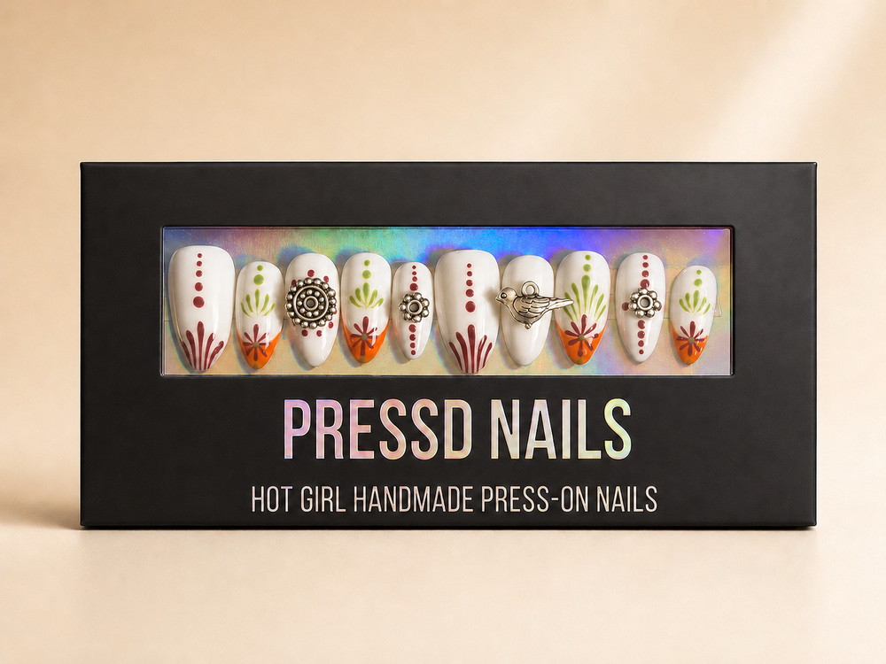 Raas Rani Pressd Nails black box with colorful festival press-on nails