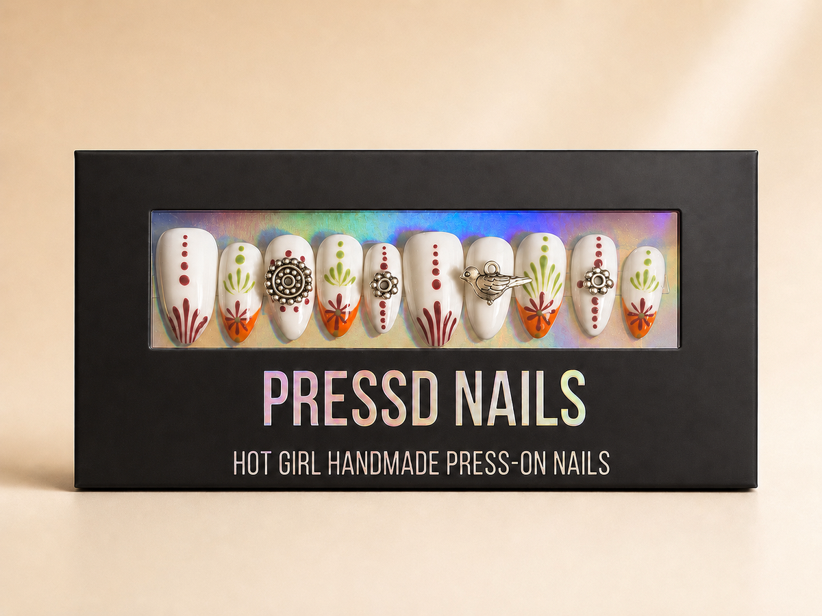 Raas Rani Pressd Nails black box with colorful festival press-on nails
