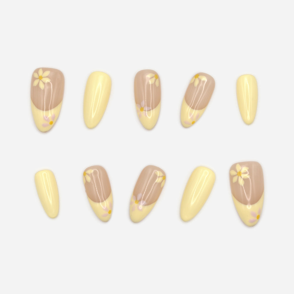 Yellow Daisy handmade press-on nail set, ten butter-yellow and nude nails with painted daisies