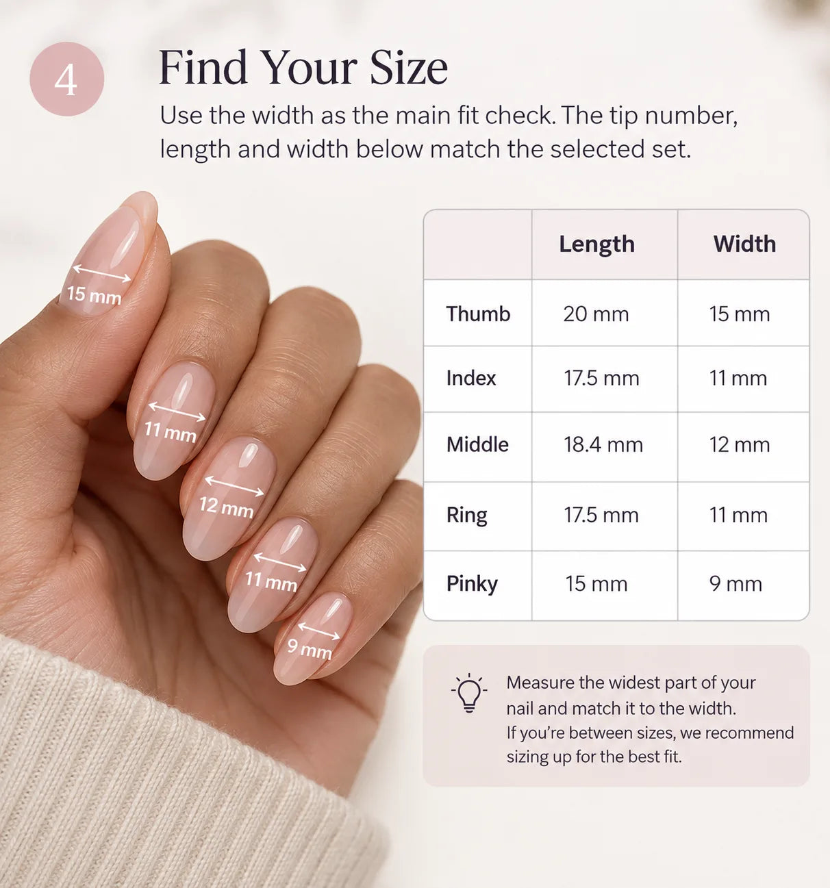 Example showing nail width measurements and how to compare them with a size chart.
