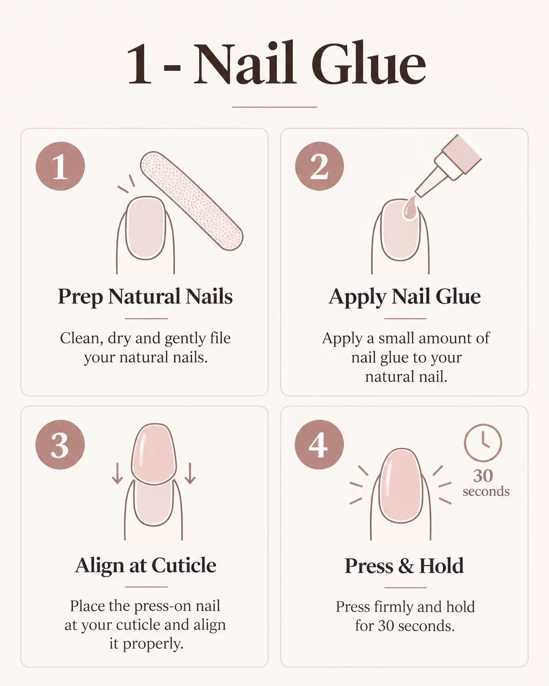 Nail glue application: prep natural nails, apply a small amount of glue, align the press-on at the cuticle, then press firmly for 30 seconds.