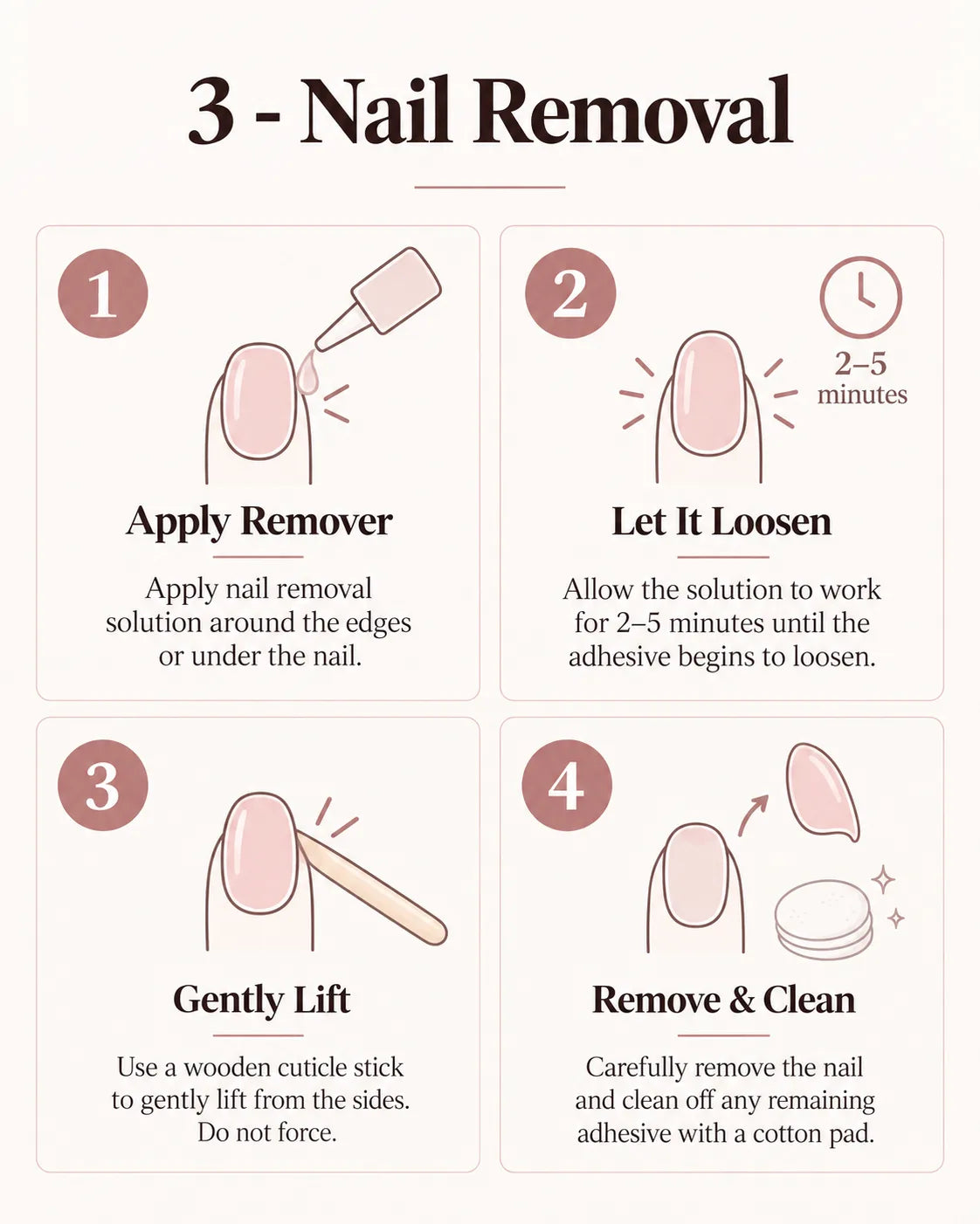 Gentle nail removal: apply the appropriate remover, allow the adhesive to loosen, gently lift from the sides without force, then remove and clean.
